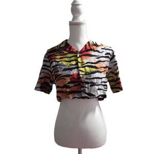 ED HARDY Y2K Cropped Button Up T-Shirt Orange/Yellow/Red/White TIGER PRINT